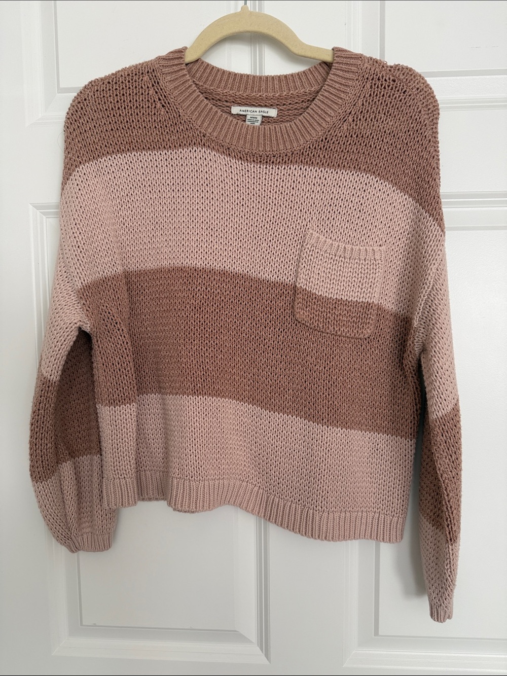 American Eagle Two-Toned Pink Striped Crewneck Sweater